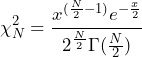 \begin{equation*} \chi^2_{N} = \frac {x^{(\frac{N}{2} - 1)}e^{-\frac {x}{2}}} {2^\frac{N}{2} \Gamma (\frac{N}{2})} \end{equation*}