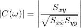 \begin{equation*} |C(\omega)|=\left|\frac{S_{xy}}{\sqrt{S_{xx}S_{yy}}}\right| \end{equation*}