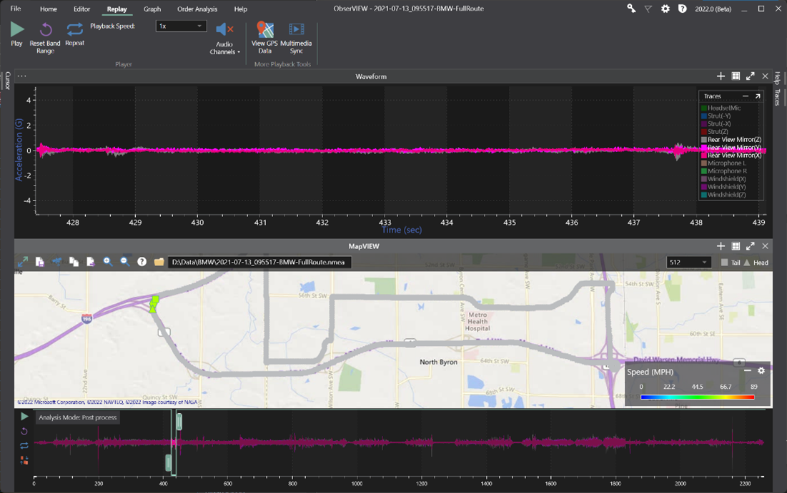 time waveform recording and corresponding GPS view in the ObserVIEW software
