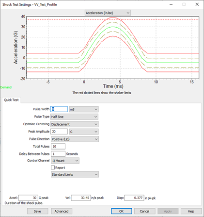 shock test settings in the VibrationVIEW software