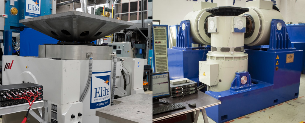 Side-by-side images of a single-axis shaker and triaxial shaker.