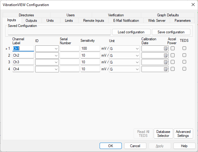 Inputs tab in the VibrationVIEW Configuration dialog