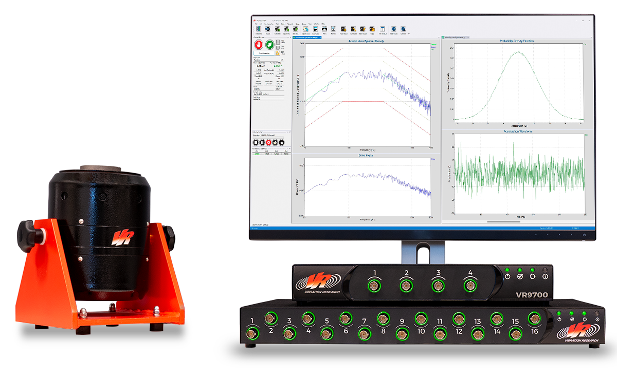 A product image of the VR9700 and VR10500 controllers, a PC with the VibrationVIEW software, and a tabletop shaker.